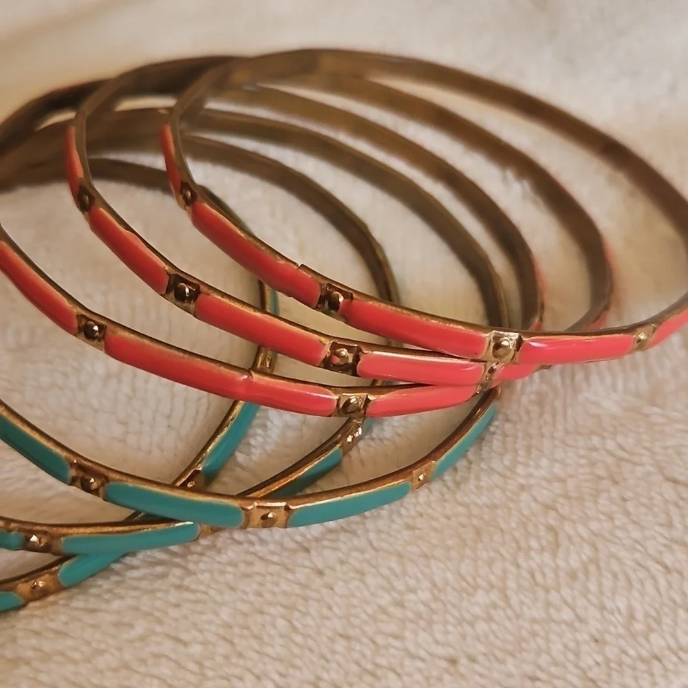 Vintage Set of Six Pink Green and Goldtone Brass Bangle Bracelets